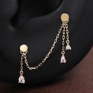 14K Solid Gold Teardrop Chain Earring Connector: Clear CZ Dangle Helix Conch Piercing