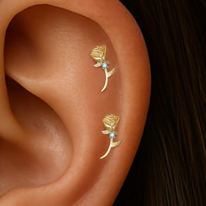 14K Solid Gold Flower Cartilage Push Back/June Birth Rose Helix Stud/Blue Gem Flat Back/Floral Lobe Threadless Pin/Tragus Conch Piercing