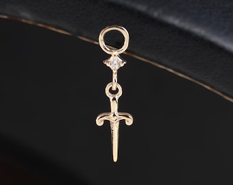14K Solid Gold CZ Sword Dangle Charm Connector: Cartilage Helix Lobe Conch Charm Earring