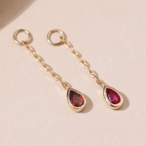 14K Solid Gold Garnet/Ruby CZ Cable Chain Charm: Birthstone Helix Tragus Conch Teardrop Charm