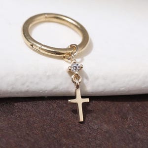 Solid 14K Gold Cross Charm with Moissanite, Religious Pendant, Dainty Rook Cartilage Jewelry Earring