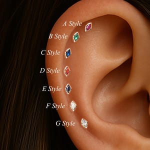 14K Solid Gold Marquise Birthstone Stud/Ruby Emerald Sapphire CZ Piercing/Push Pin Piercing