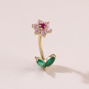14K massief gouden bloem torenoorbel: kleurrijke CZ gebogen barbell bloemen wenkbrauwpiercing