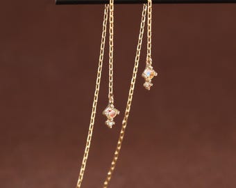 Pendiente de rosca de oro macizo de 14 quilates con circonitas cúbicas con revestimiento AB / Pendiente colgante de cadena larga / Pendiente de tragus, hélix, lóbulo / Pendiente de botón para lóbulo