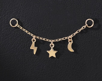 14K Solid Gold Moon, Star & Lightning Dangle Chain: Celestial Cartilage Helix Nose Chain Connector