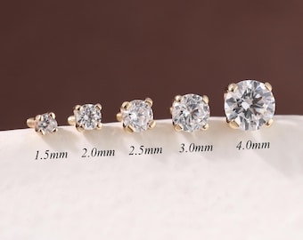 14K Solid Gold CZ Screw Back Stud Earring: Cartilage Lobe Conch Internal Threaded Piercing