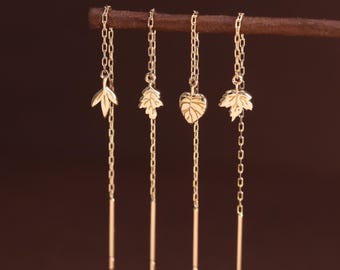 14K Solid Gold Leaf Threader Earring/Maple Leaf Long Chain Piercing/Monstera Leaf Lobe Pull Through Stud/Nature-Inspired Plant Ear Threader
