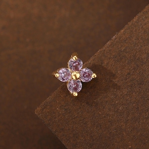 14K massivt guld Alexandrit CZ platt baksida örhänge/Zirkonblomma broskpiercing/Trådlös trycknål/Helix lob conch tragus smycken