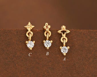 14K Solid Gold Clear CZ Star Flat Back Stud/Zircon Celestial Cartilage Helix Lobe Conch Earring/Tiny Threadless Push Pin Jewelry Piercing