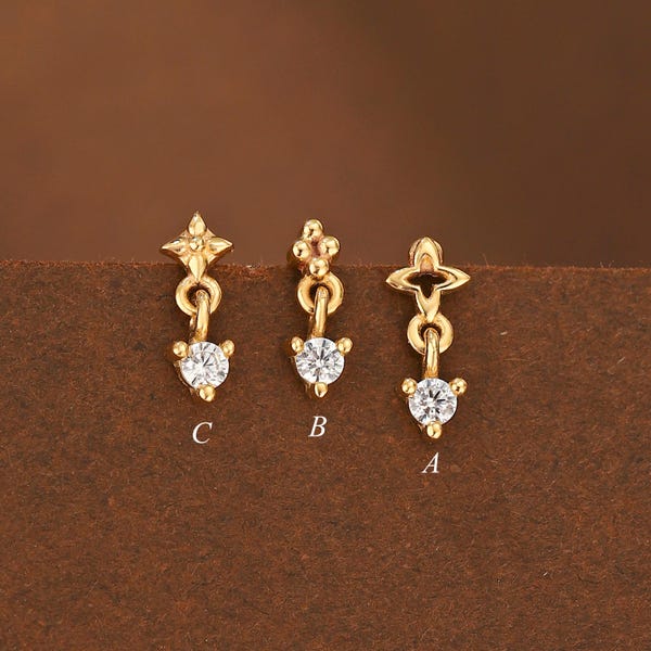 14K Solid Gold Clear CZ Star Flat Back Stud/Zircon Celestial Cartilage Helix Lobe Conch Earring/Tiny Threadless Push Pin Jewelry Piercing