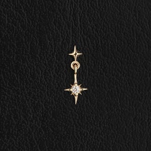 14K Solid Gold Clear CZ Dangle Star Flat Back Stud/CZ Cartilage Tragus Earring/Gold Celestial Helix Lobe Conch Piercing/Threadless Push Pin
