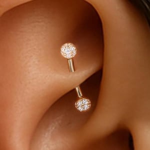 14K Solid Gold Dual Ball Barbell/Pave CZ Rook Stud/Internally Threaded 16G Piercing/Gold Eyebrow Helix Conch Jewelry/Diamond Style Curve Bar