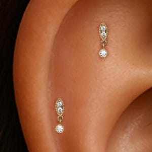 14K Solid Gold Dangle Clear CZ Cartilage Push Back/Minimalist CZ Helix Tragus Flat Back/Dainty Gemstone Conch Earlobe Stud Earring