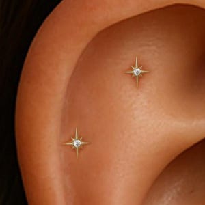 14K Solid Gold Diamond Star Helix Earring/Celestial Tragus Stud/Zircon Polaris Labret Piercing/Threadless Push Pin/Nose Conch Flat Back