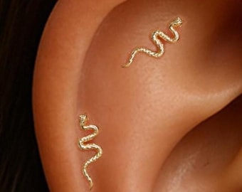 Puede incluir: Primer plano de una oreja adornada con dos pendientes pequeños dorados en forma de serpiente. Los pendientes son delicados y detallados, con un diseño sinuoso. El tono de piel es claro.