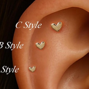 14K Solid Gold Heart Shape Helix Push Back/14K Love Heart Tragus Stud/Threadless End Stud/Gold Cartilage Piercing/Tiny Nose Labret Stud