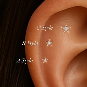Piercing de estrela de diamante em ouro maciço 14K com parte traseira plana/piercing de hélice celestial 14K/pino de pressão sem rosca em ouro/brinco de cartilagem Polaris/brinco labret de nariz com zircônia cúbica