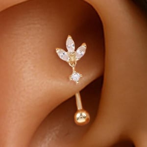 14K Solid Gold Diamond Lucky Clover Rook/Dangle CZ Rook Ring/Curved Barbell Ring/ Eyebrow Belly Ring/Navel Rook Piercing/Flower Piercing 16G