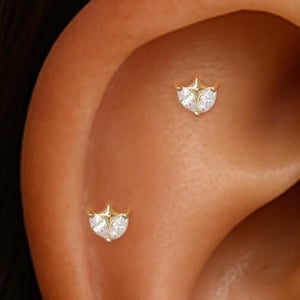 14K Solid Gold Marquise Cut Moissanite Piercing/Double Diamond Conch Earring/Gold CZ Cartilage Flat Back/Threadless Tragus Helix Push Back