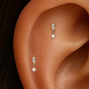 14K Solid Gold Dangle Diamond Cartilage Push Back/Minimalist Clear CZ Helix Tragus Flat Back/Dainty Diamond Conch Earlobe Stud Earring