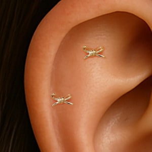 14K Solid Gold Bow Knot Push Back/Ribbon Nose Threadless Pin/Gold Conch Labret Stud/Cartilage Gift Stud/Tragus Flat Back Stud/Knot Piercing