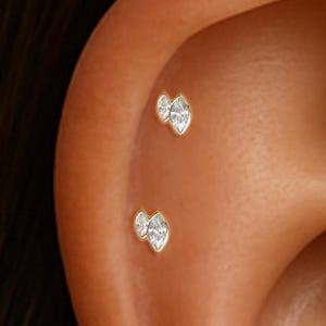 14K Solid Gold Marquise Diamond Push Back/Double Leaf Helix Tragus Stud/Clear CZ Labret Piercing/Threadless Push In/Nose Conch Flat Back