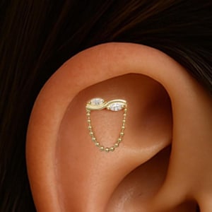 14K Solid Gold Dangle Bead Chain Stud/Diamond Wave Bar Helix Flat Back/Gemstone Conch Push Back/Chain Threadless End/Tragus Cartilage Stud