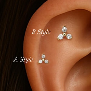 14K Solid Gold Triple Diamond Helix Earring/Flower Tragus Threadless Pin/Clear CZ Cartilage Push Back/Clover Nose Labret Conch Piercing