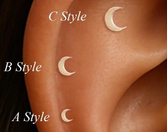 14K Solid Gold Crescent Piercing/Moon Tragus Push Back Stud/14K Threadless End Piercing/Celestial Cartilage Earring/Earlobe Nose Labret Stud