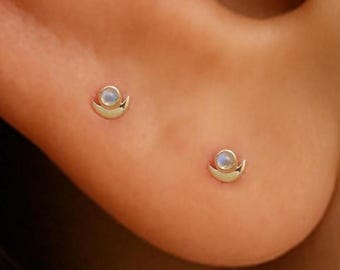 14K Solid Gold Moonstone Helix Screw Flat Back Stud/Tiny Moon Cartilage Piercing/Celestial Tragus Earlobe Stud/Conch Threaded Pin Earring