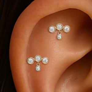 14K Solid Gold Dangle Diamond Push Back/Moissanite Helix Tragus Flat Back/Triple Diamond Conch Earlobe Stud Earring/Cartilage Fan Piercing
