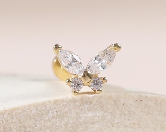 14K Solid Gold CZ Butterfly Push Back/Insect CZ Tragus Stud/Threadless End Piercing/Gemstone Labret Stud/Conch Helix Clear CZ Piercing