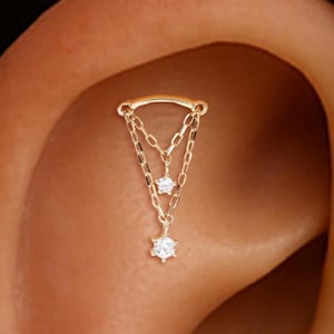 14K Solid Gold Stern baumeln Bolzen/CZ Kette Lobe Ohrring/Verstecktes Helix Piercing