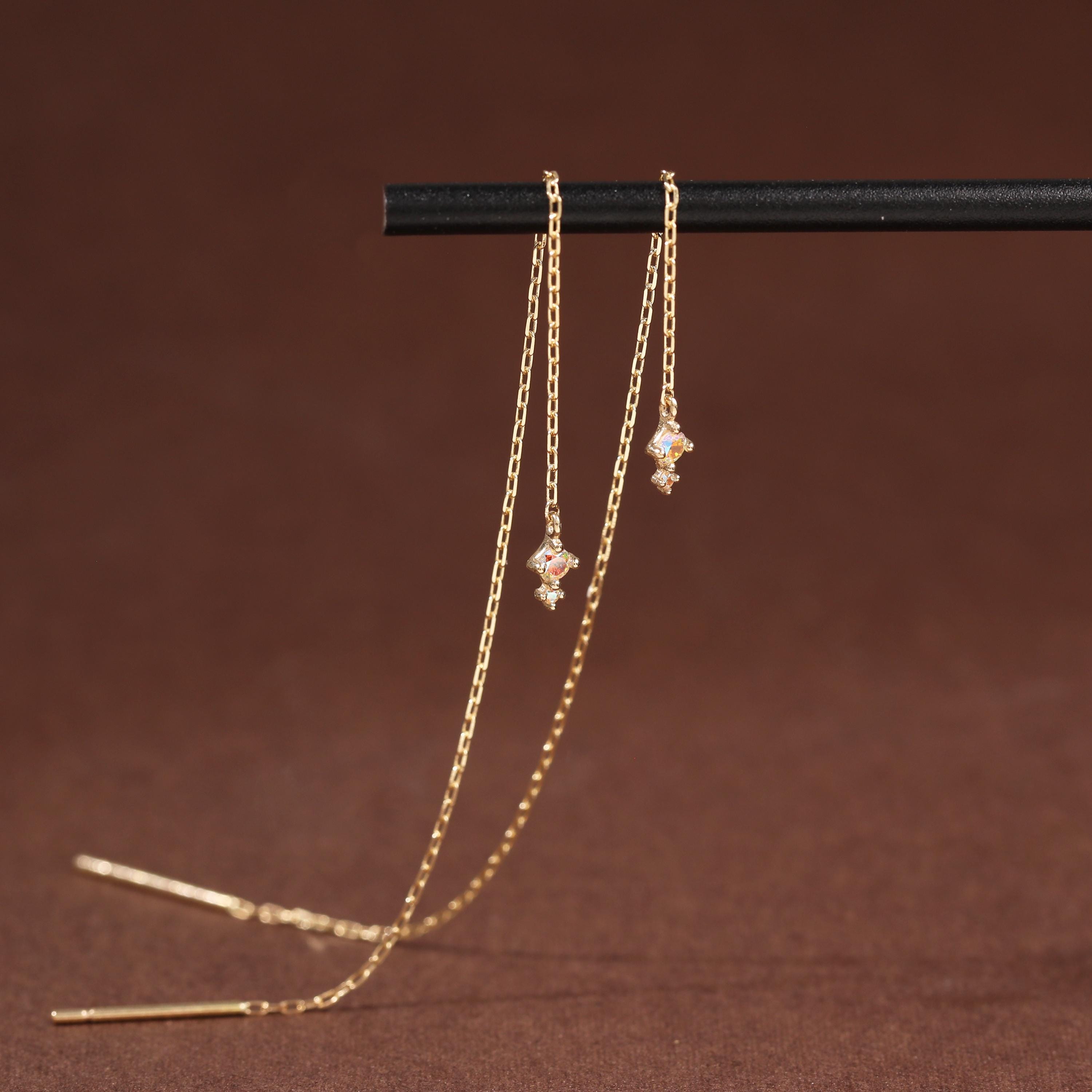 14K Solid Gold AB Coated CZ Threader Earring Dangle Long Cable Chain…