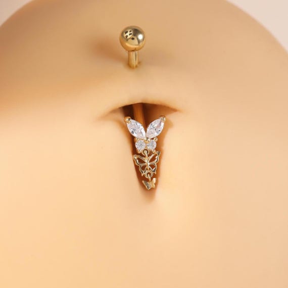 14K Solid Gold Butterfly Belly Ring with Clear CZ Dangle (14G 10mm Bar)