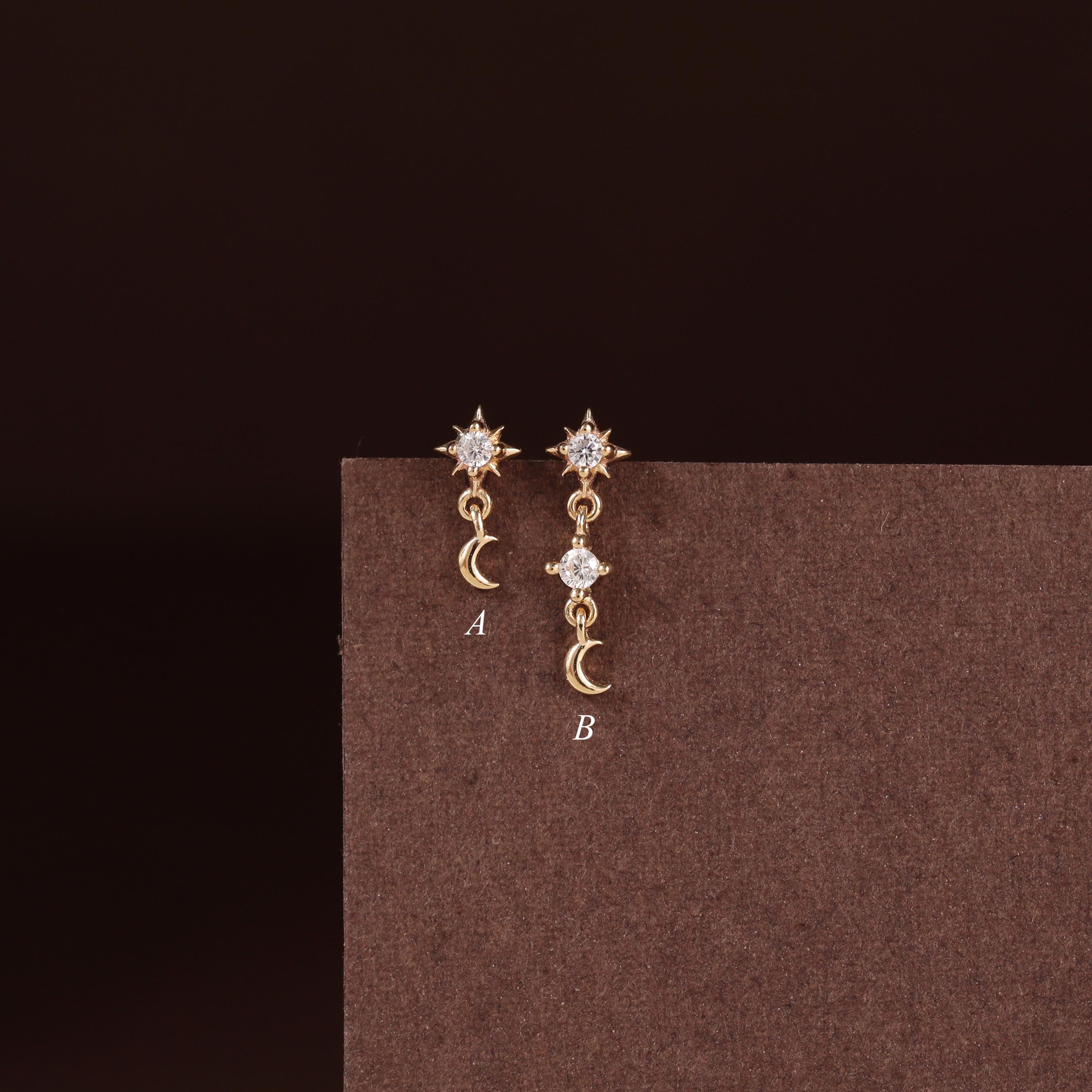 14K Solid Gold Dangle Star & Moon Stud Earring Clear CZ Cartilage Flat…