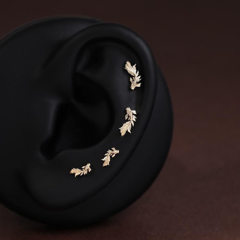 14K Solid Gold Fish Helix Earring/Goldfish Tragus Lobe Stud/Dainty Koi Fish Labret Piercing/Tiny Threadless Push Pin/Nose Conch Flat Back image 5