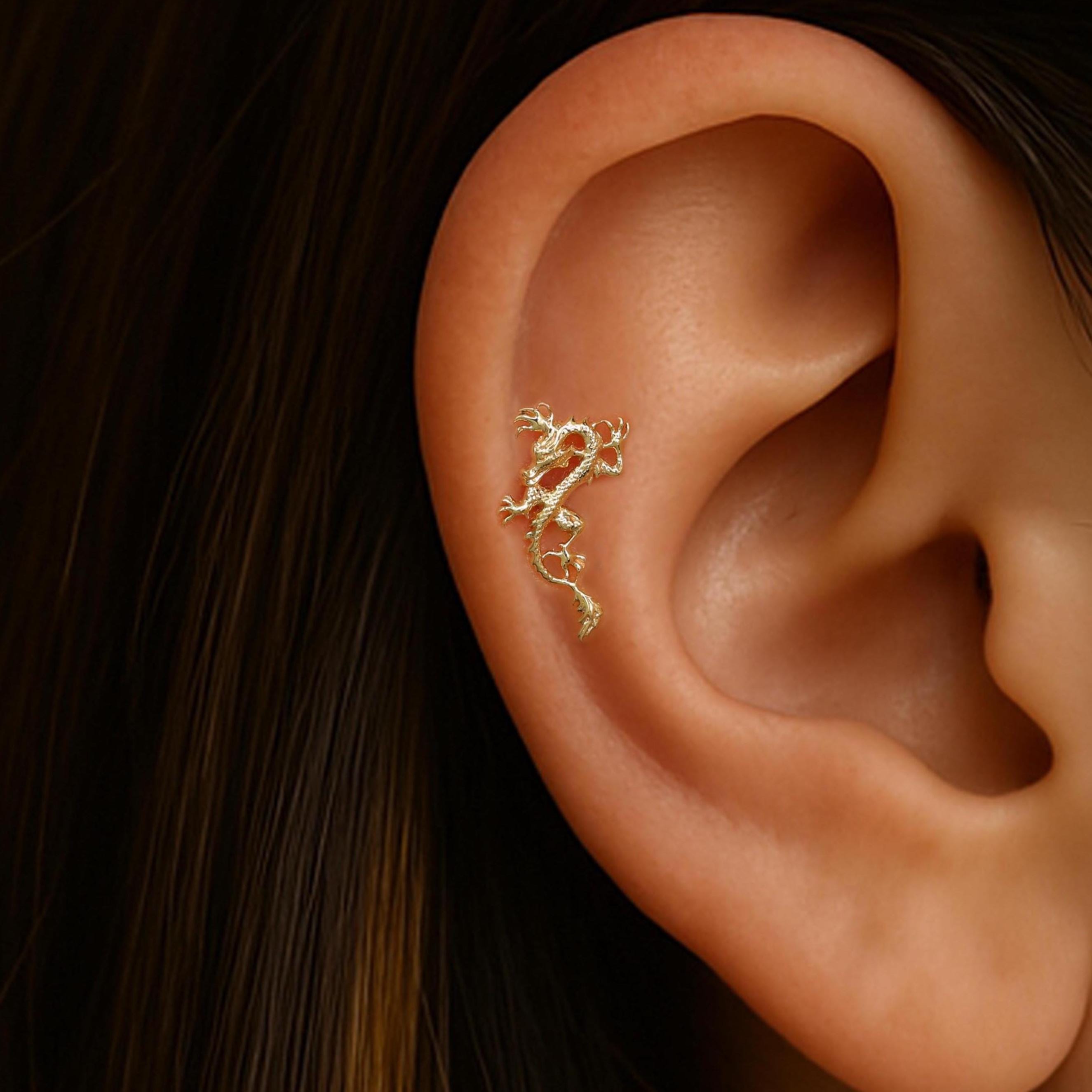 14K Solid Gold Dragon Threaded Pin Stud/Dragon Helix Tragus Stud/Faith Earrings Titanium Flat Back/Dainty Conch Earlobe Screw Back Piercing