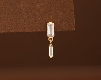 14K Solid Gold Baguette CZ Flat Back Stud/Zircon Cartilage Conch Earring/Threadless Push Pin/Clear CZ Helix Earlobe Tragus Piercing Jewelry