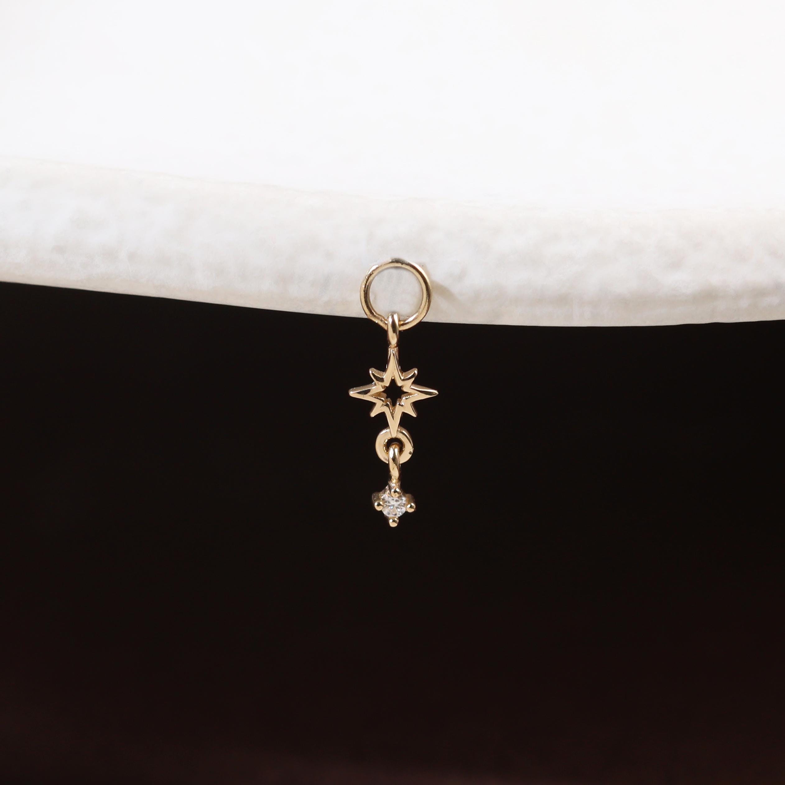 14K Solid Gold Dangle Star Charm Earring: CZ Cartilage Helix Conch Lobe…