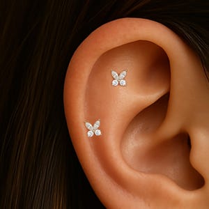 14K Solid Gold Diamond Butterfly Helix Push Back/Animal Tragus Stud/Threadless Push In Cartilage/Dainty  Labret Conch Lobe Gemstone Piercing