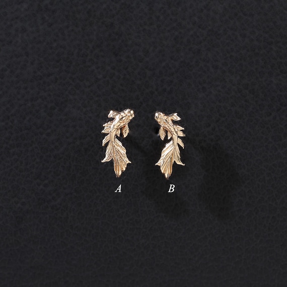 14K Solid Gold Fish Helix Earring/Goldfish Tragus Lobe Stud/Dainty Koi Fish Labret Piercing/Tiny Threadless Push Pin/Nose Conch Flat Back