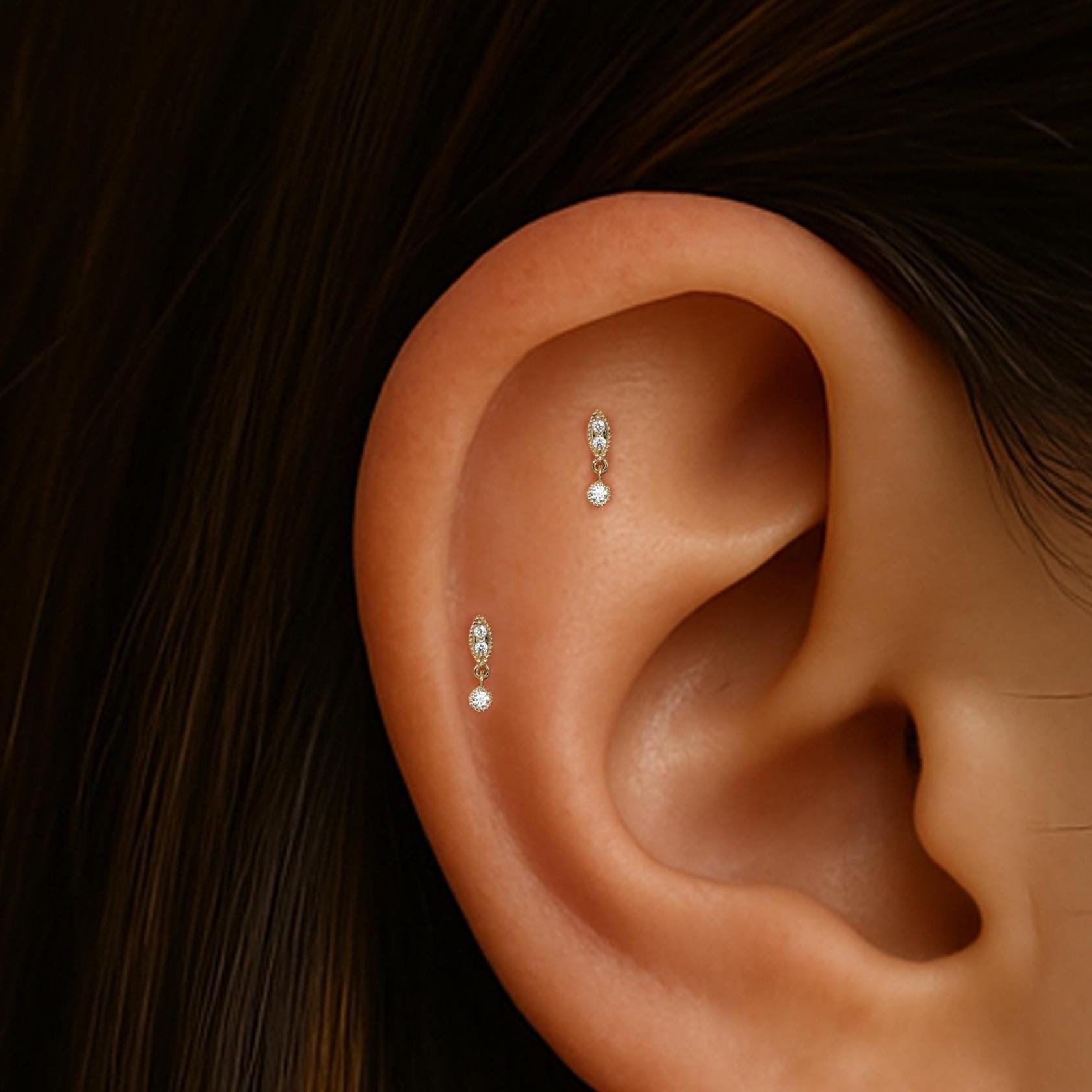 14K Solid Gold Dangle Diamond Cartilage Push Back/Minimalist Clear CZ Helix Tragus Flat Back/Dainty Diamond Conch Earlobe Stud Earring