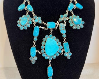 Large Vintage DZT Sterling Silver Turquoise Statement Necklace – Multi Stone Southwestern Bib Necklace 925
