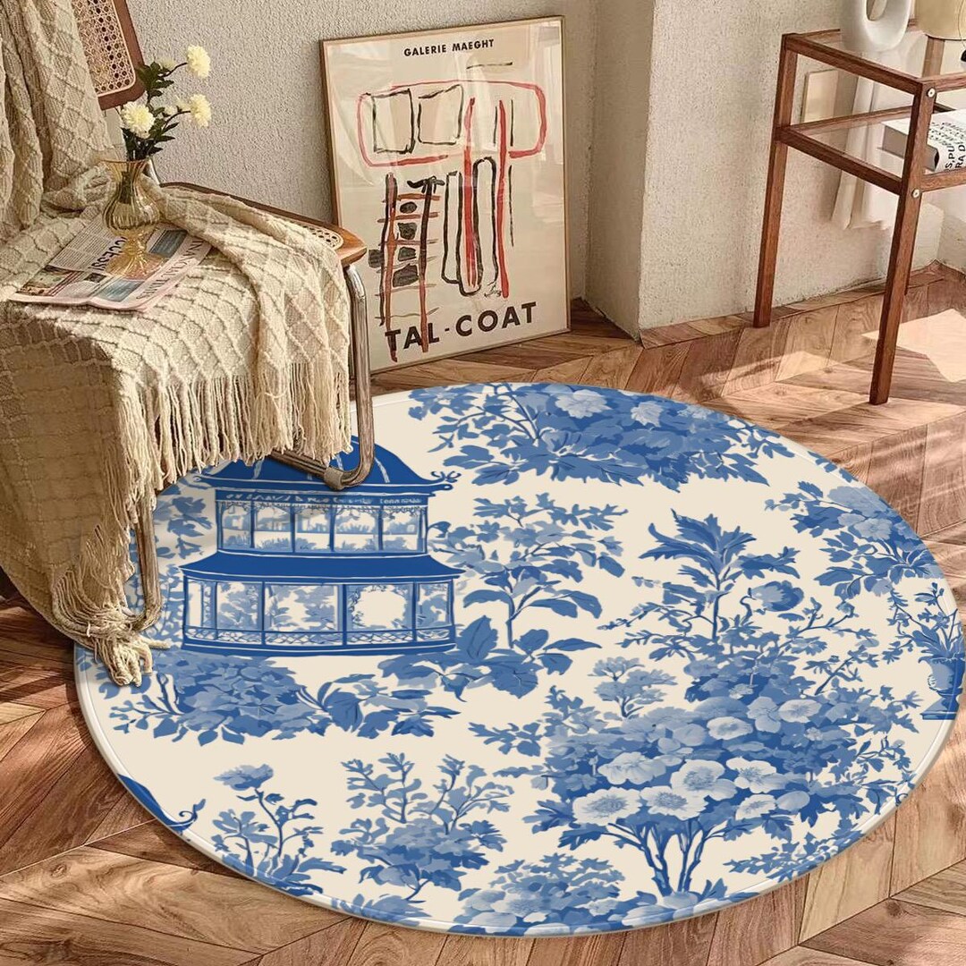 Toile De Jouy Rug, Round French Toiles Rugs, Romantic Cottagecore Floor ...