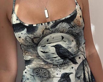 Gothic Crow Tank Top: Spooky Raven Alt Fashion Croptop