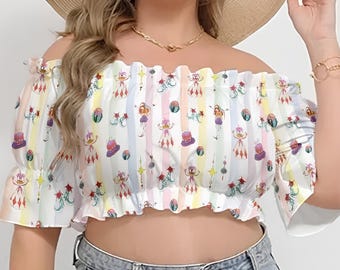Clowncore Clothing: Jester Off-shoulder Cropped Top, Circus Tops, Whimsical Clown Costume, Mad Hatter, Vaudeville Fashion