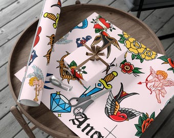 Traditional Tattoo Flash Gift Wrap Paper: Gothic Wrapping Paper, Punk Gifting, Retro Christmas Giftwraps