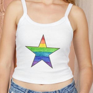 Gay Pride Star Tank Top, Queer Festival Crop Top, LGBTQ+ Spaghetti Strap Shirt, Pride Outfit, Y2K Gay Rights Sapphic Aesthetic Crop Top