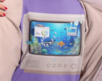 Frutiger Aero Tees: Y2K Monitor Aquarium T-shirt, Vintage Fish Tank Tee, 2000s Vaporwave Shirt